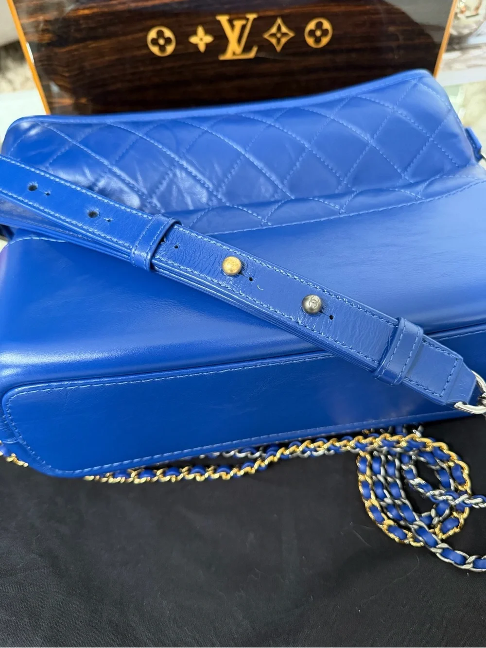 CHANEL Royal Blue Quilted Leather Shoulder Bag with Gold Accents